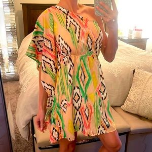 Pale Pink / Pastel Aztec Print - One Shoulder Tunic / Mini Dress / Swim Cover XS